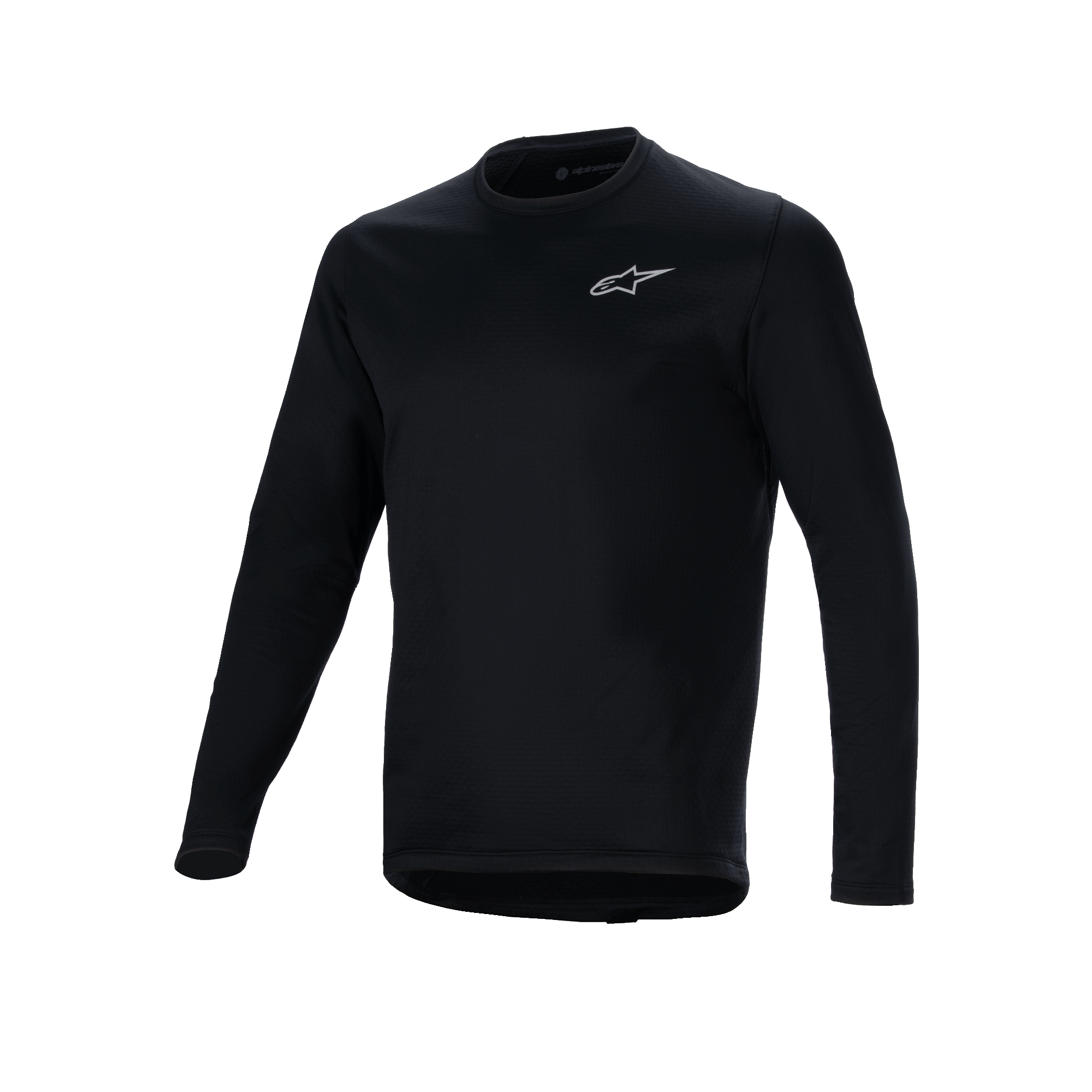 Alpinestars A-Dura Thermal Jersey, Black long-sleeve cycling jersey, small white Alpinestars logo on the chest, extended drop tail for rear coverage, insulated fleece lining for cold-weather mountain biking