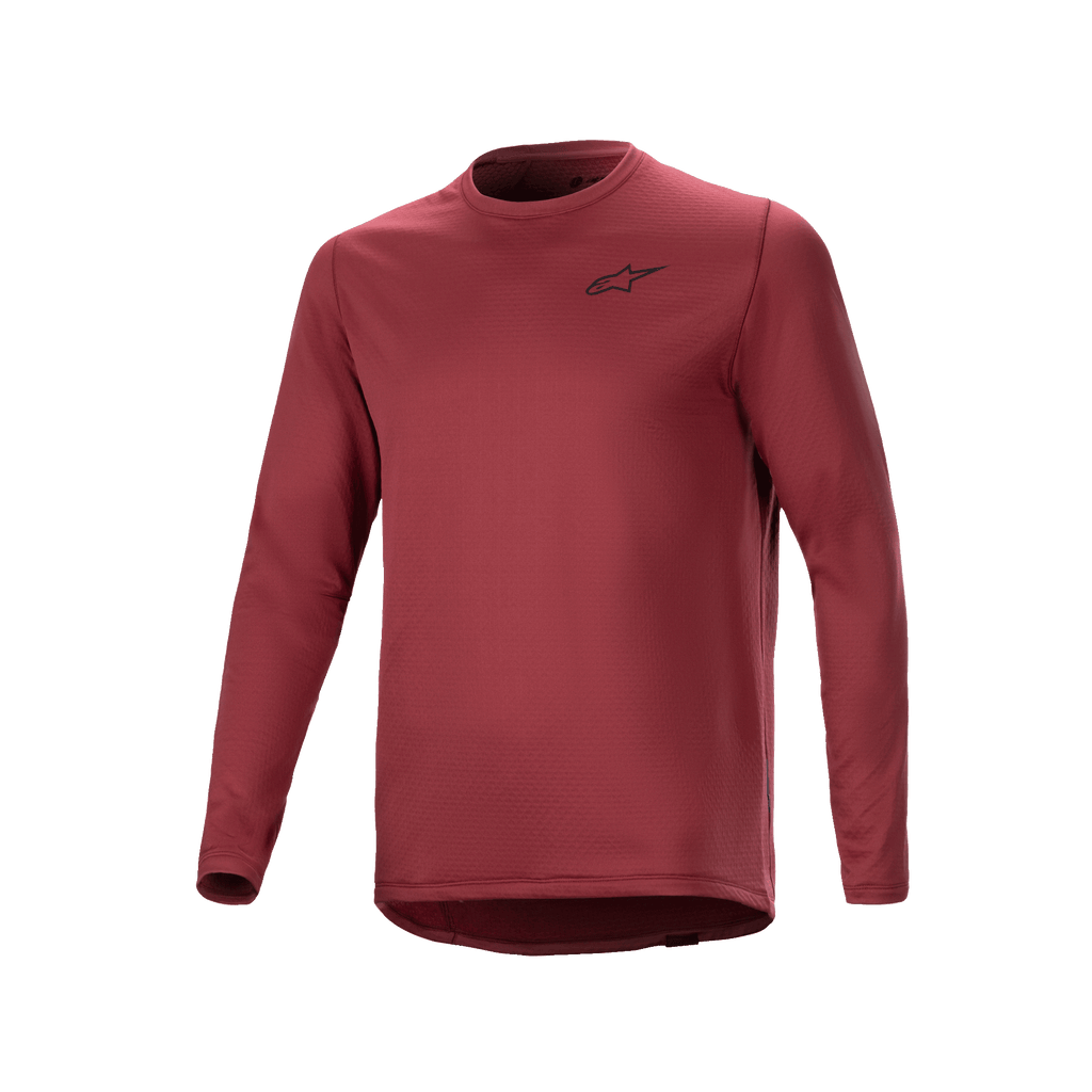 Alpinestars A-Dura Thermal Jersey, Long Sleeve Cycling Jersey, Burgundy, textured insulated fabric with small black star logo on the chest, extended drop tail hem for MTB riding.