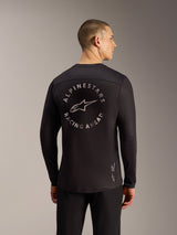Black A-Dura Air LS Jersey back view featuring a circular Alpinestars Racing Ahead graphic and breathable mesh fabric.
