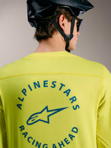 Alpinestars A-Dura Air Long Sleeve Jersey in Yellow Fluo featuring a blue Racing Ahead back graphic on breathable mesh fabric.
