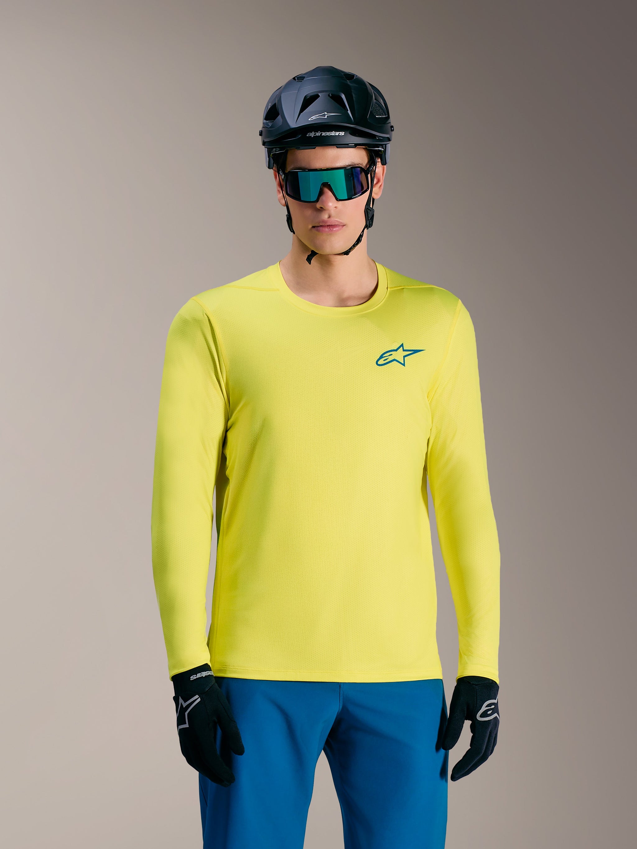 Alpinestars A-Dura Air Long Sleeve Jersey in Yellow Fluo, a lightweight moisture-wicking MTB top for trail riding.