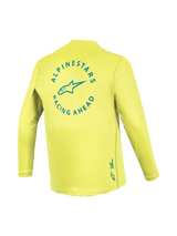 A-Dura Air Long Sleeve Jersey in Yellow Fluo, back view featuring teal Alpinestars Racing Ahead logo, breathable MTB gear.