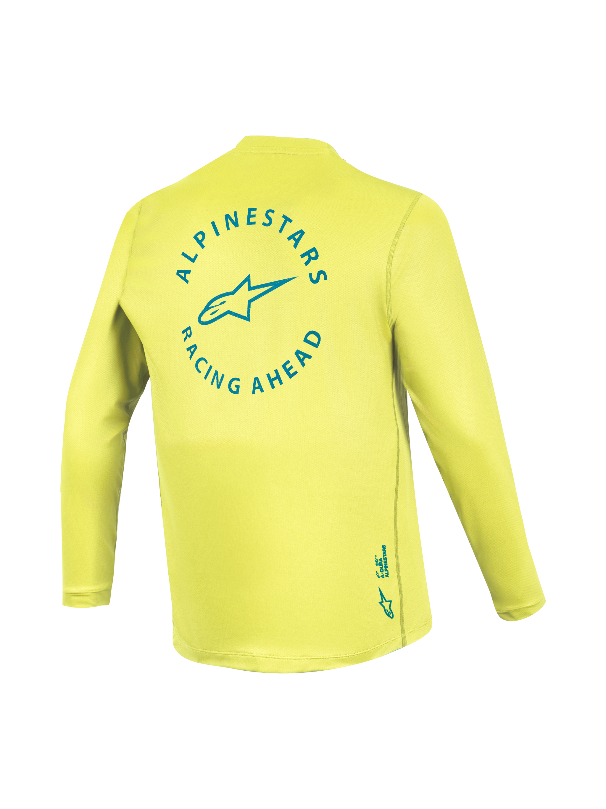 A-Dura Air Long Sleeve Jersey in Yellow Fluo, back view featuring teal Alpinestars Racing Ahead logo, breathable MTB gear.