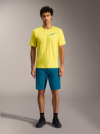 Yellow Alpinestars A-Dura Air SS Jersey and Blue Green A-Dura Ride Shorts, performance MTB riding outfit for men.