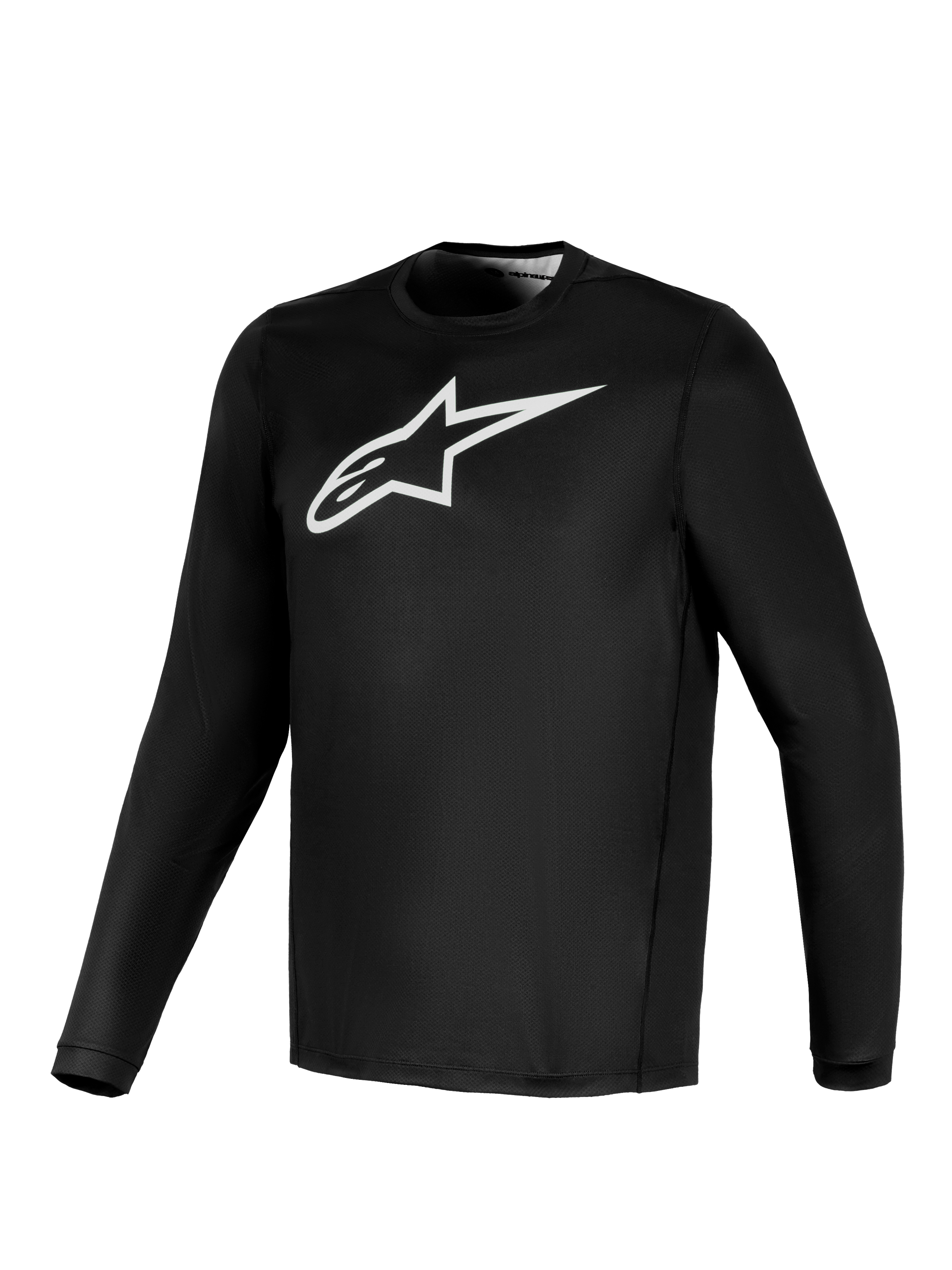 Black A-Dura Ride Long Sleeve Jersey featuring a white Alpinestars chest logo, performance gear for mountain biking.