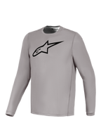 Alpinestars Gray A-Dura Ride Long Sleeve Jersey with a black chest logo, breathable stretch fabric for mountain biking.