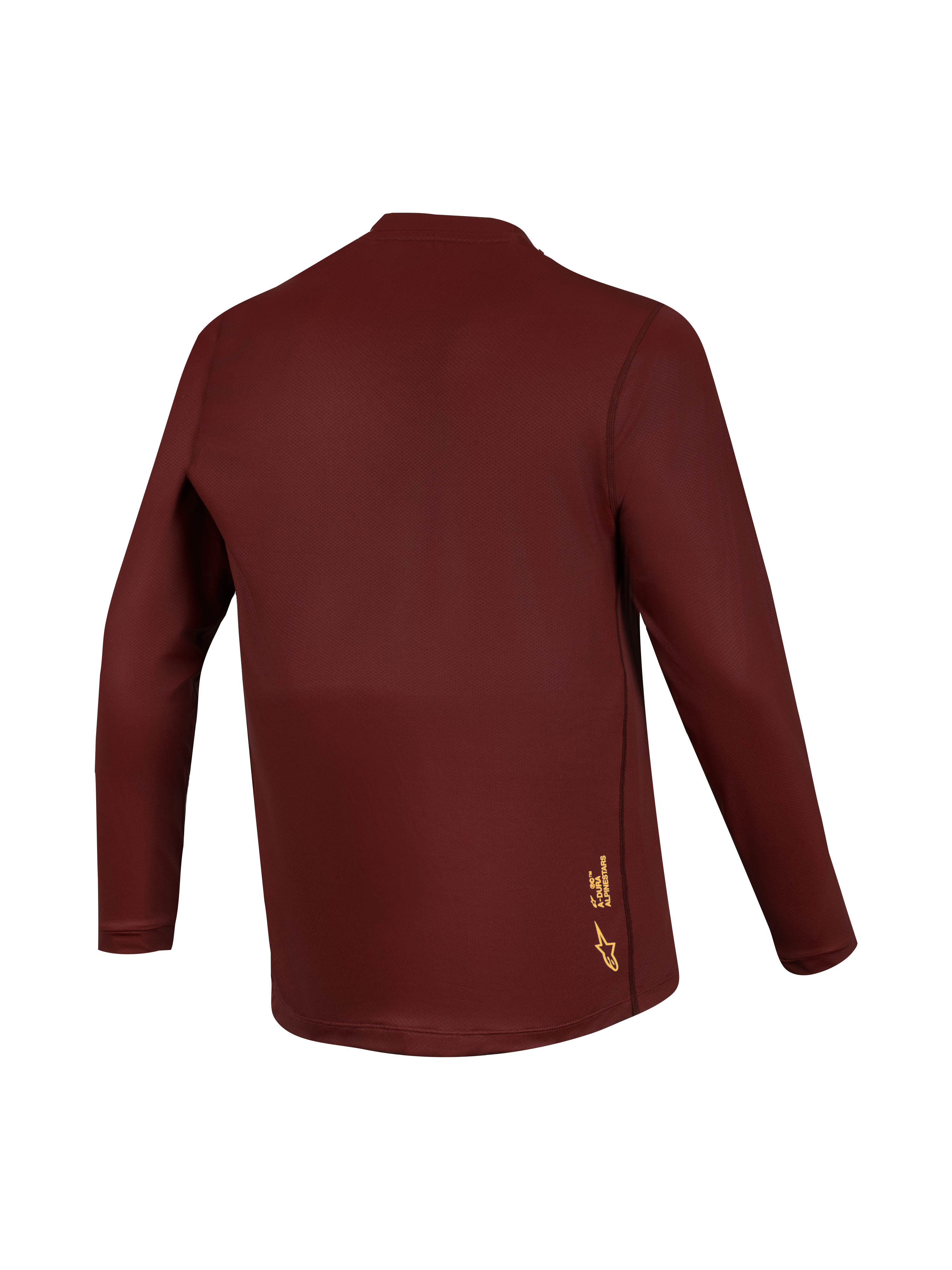 A-Dura Ride Long Sleeve Jersey in Bordeaux, featuring performance jacquard fabric and back-side yellow logo branding.