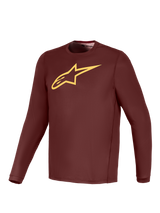 A-Dura Ride Long Sleeve Jersey in Bordeaux with a yellow Alpinestars logo, lightweight performance MTB gear.