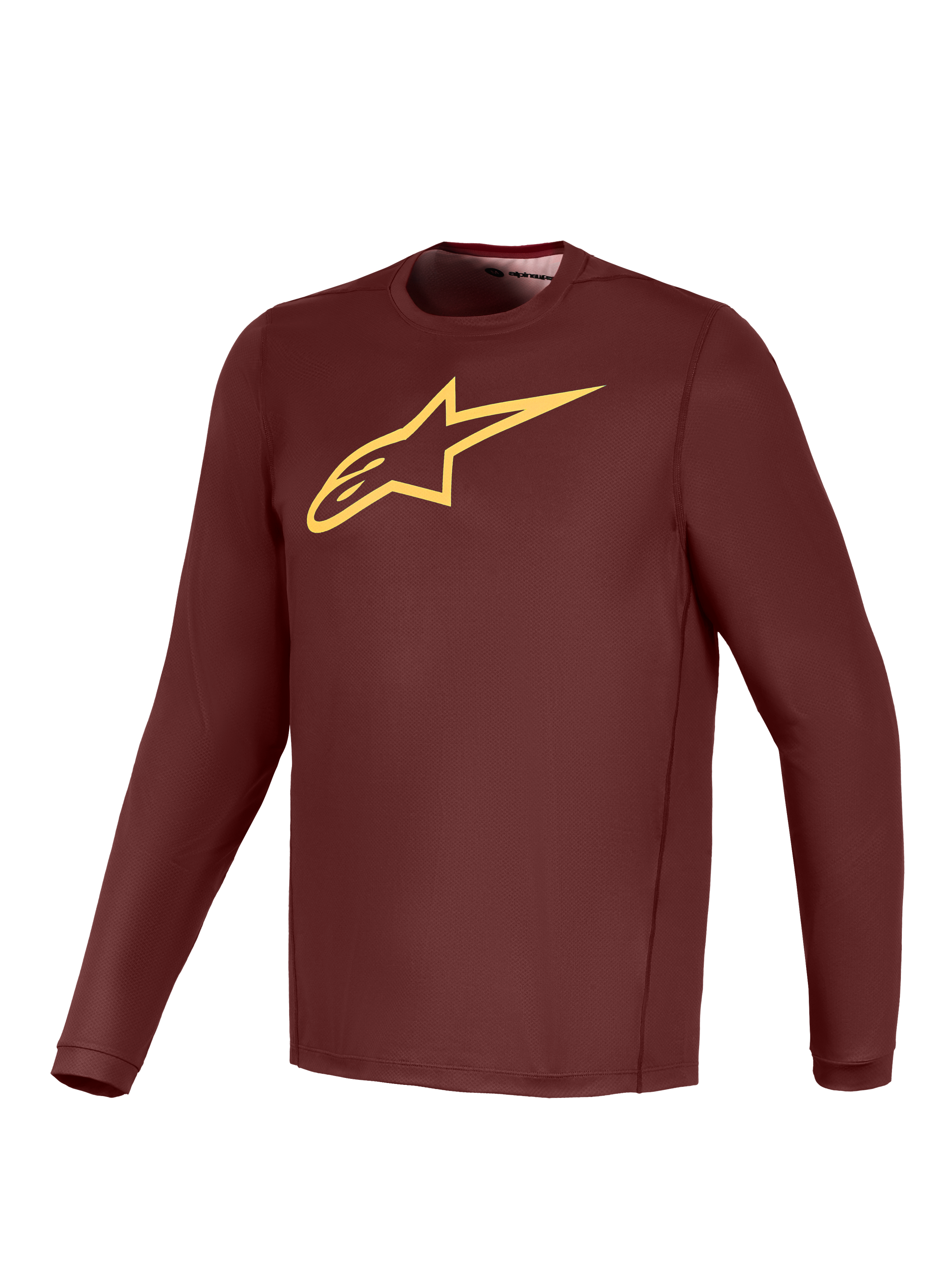 A-Dura Ride Long Sleeve Jersey in Bordeaux with a yellow Alpinestars logo, lightweight performance MTB gear.