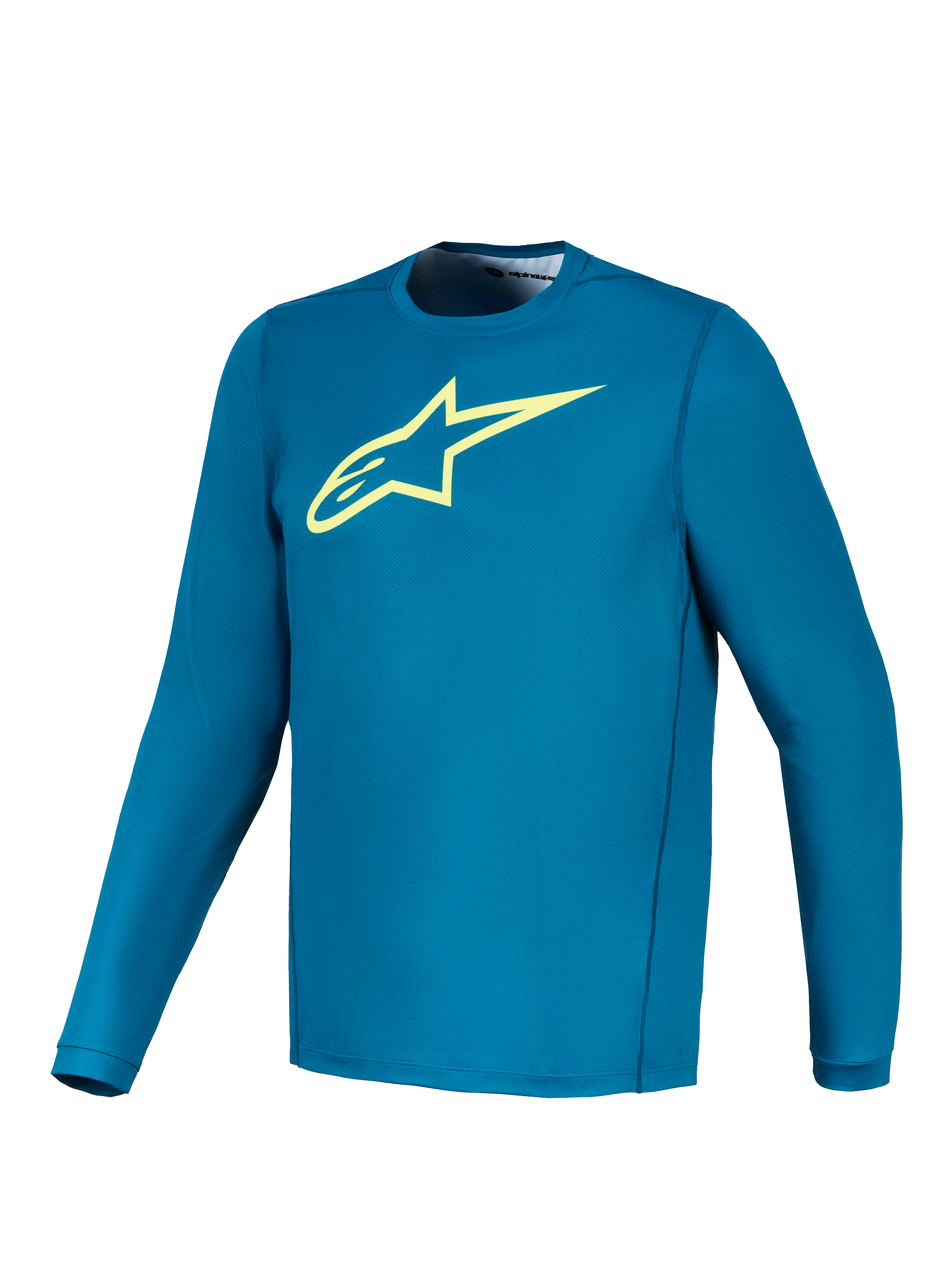 Alpinestars A-Dura Ride Long Sleeve Jersey in Blue Green with a lime yellow Astars logo, performance MTB apparel.