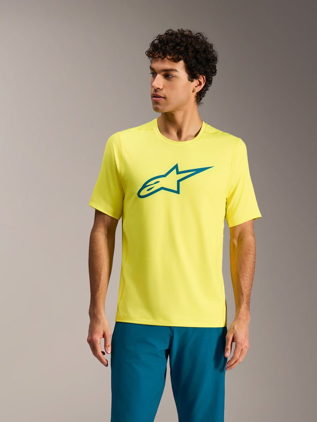 Alpinestars A-Dura Ride Jersey in Yellow Fluo, short sleeve MTB top with teal chest logo, performance cycling apparel