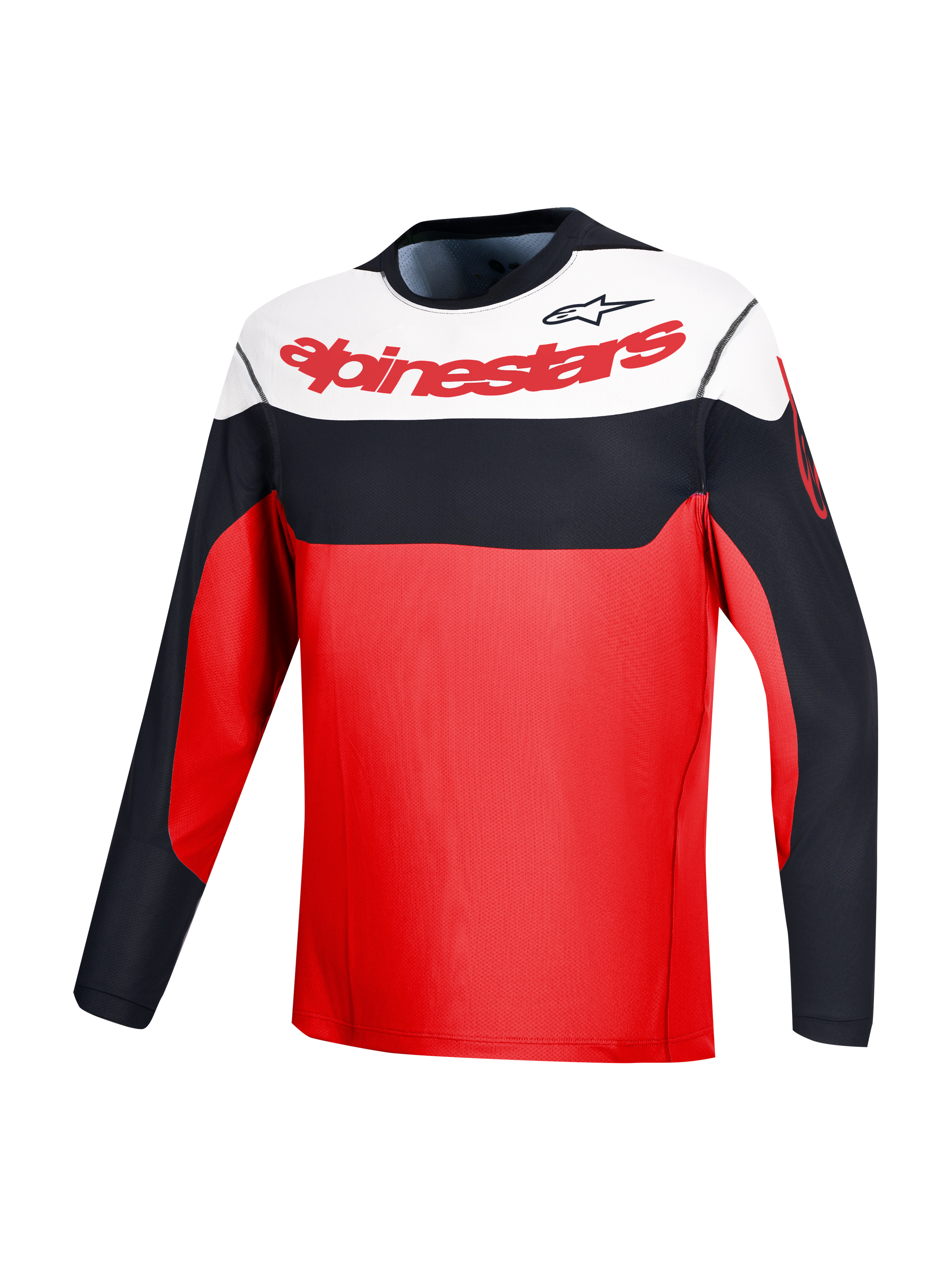 Red A-Dura Race Long Sleeve Jersey with Alpinestars branding and black and white color-blocking for MTB performance.