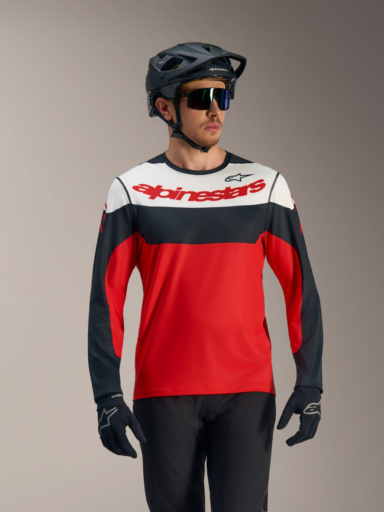 A-Dura Race Long Sleeve Jersey in red, black, and white, featuring a bold Alpinestars logo, designed for MTB performance.