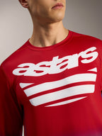 Alpinestars A-Dura ASTARS 2.0 Long Sleeve Jersey, bright red MTB top with white chest wordmark and stripe graphics.