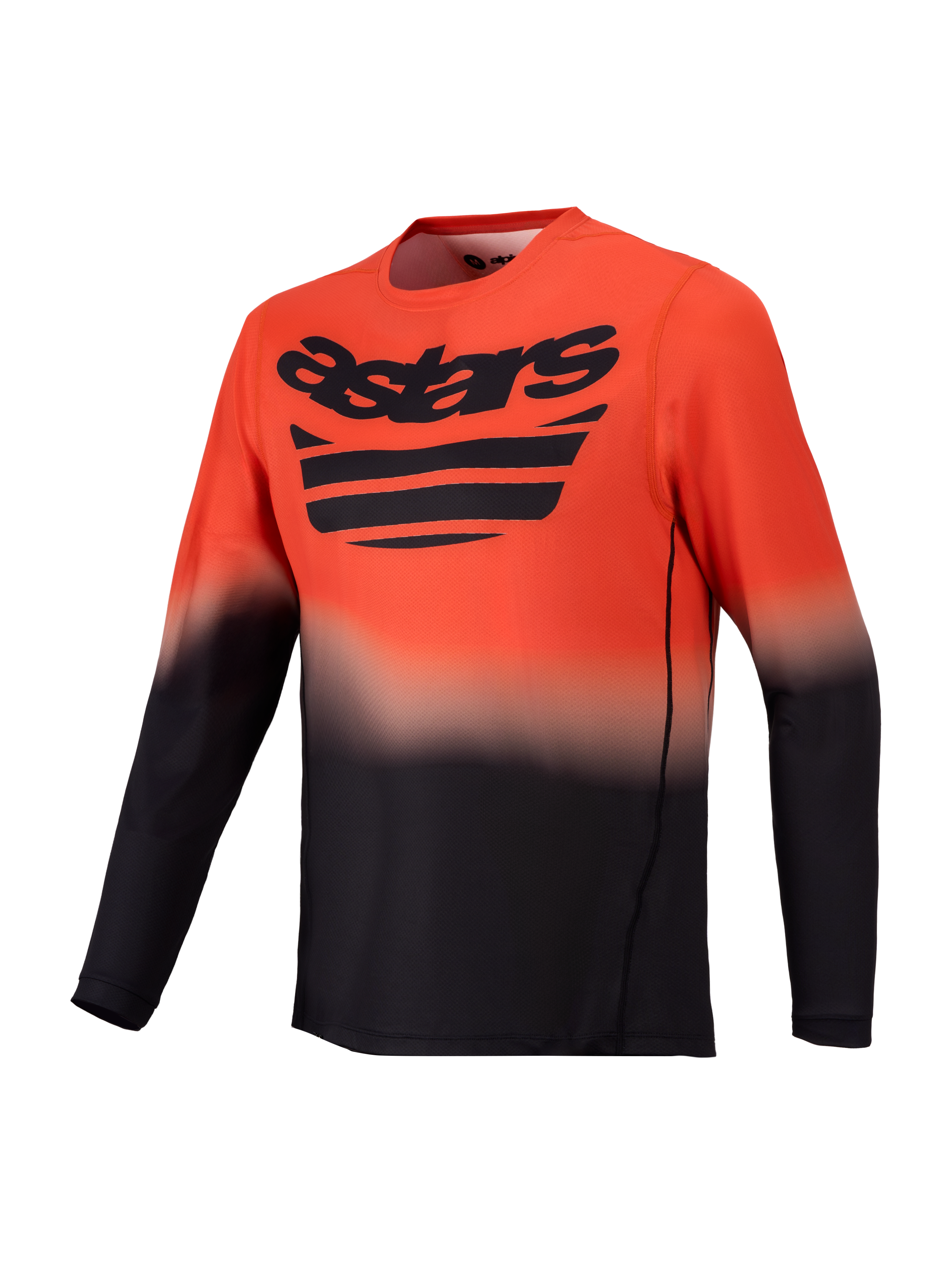 Alpinestars A-Dura ASTARS Jersey 2.0, long sleeve orange and black MTB jersey featuring a gradient fade and chest logo.