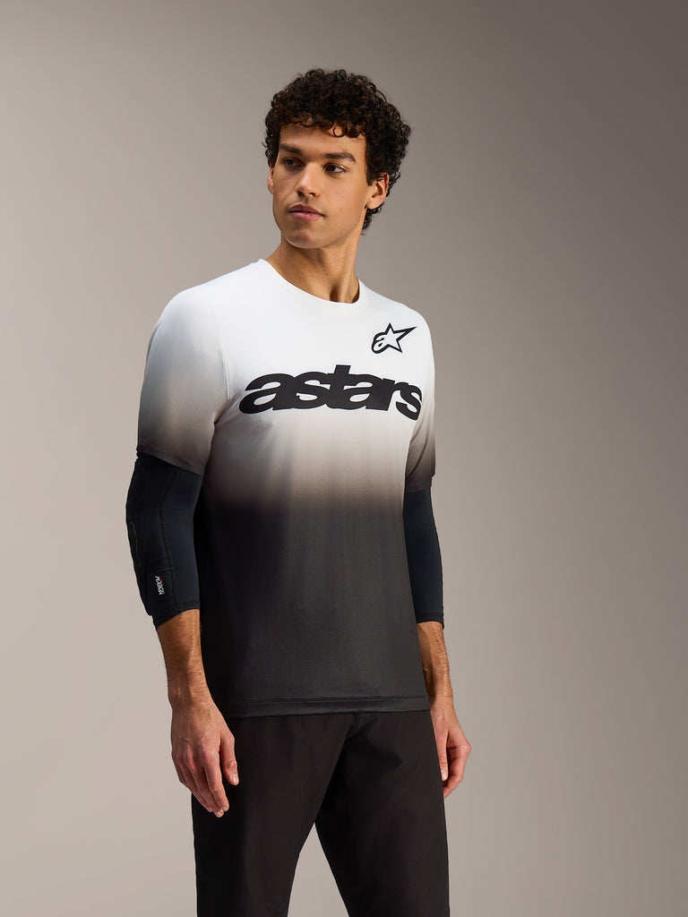 White and black gradient A-Dura ASTARS Jersey 2.0, short sleeve MTB top with bold wordmark on the chest.