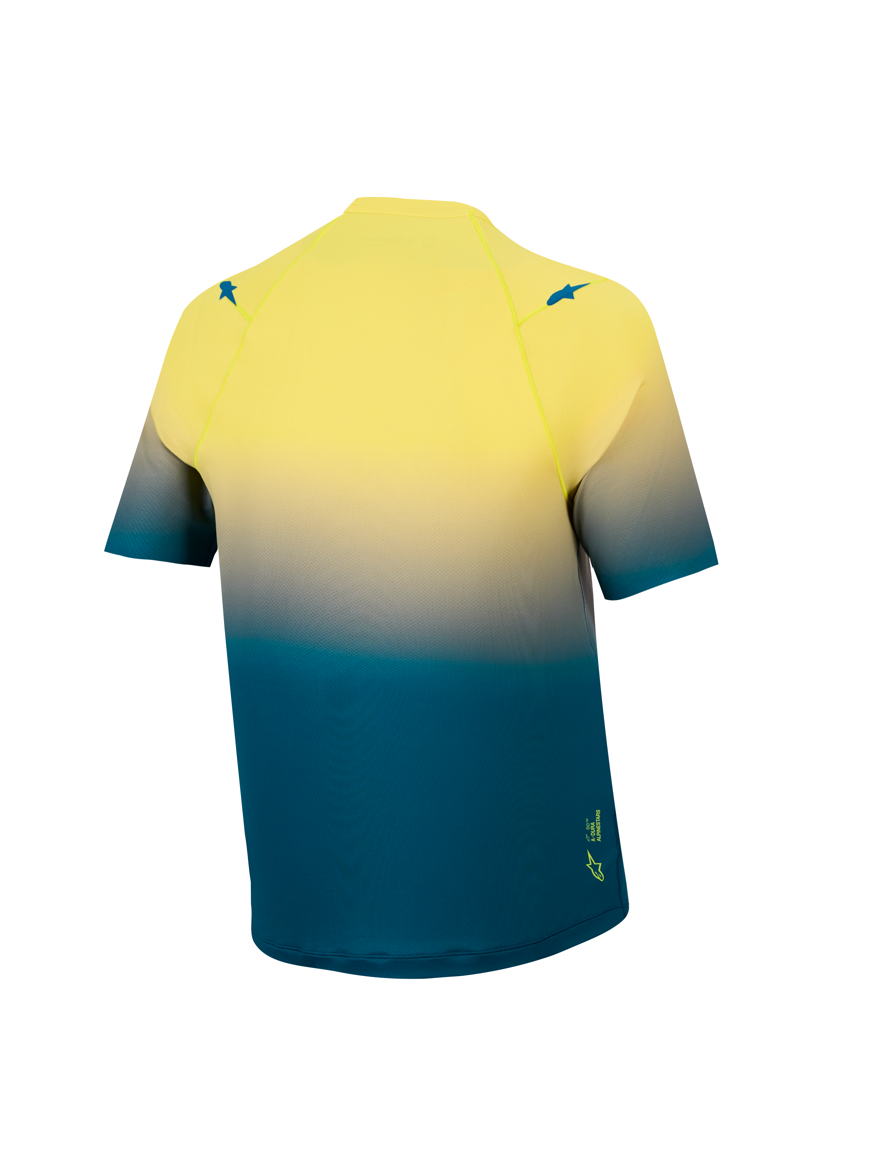 A-Dura ASTARS 2.0 Jersey, back view in blue and yellow fluo gradient, short sleeve MTB top with performance stretch.