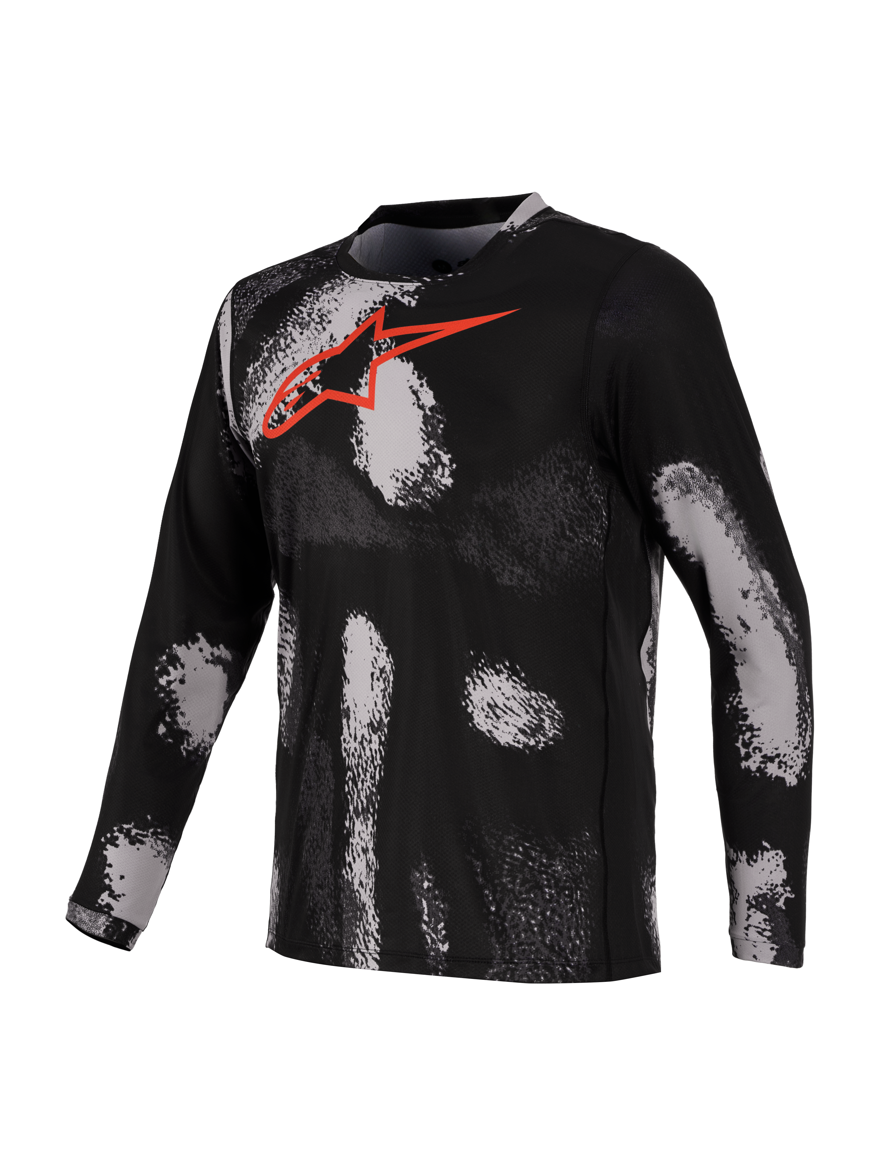 Alpinestars A-Dura Ride Jersey, Long Sleeve MTB Mountain Bike Jersey, Black Camo with Red Chest Logo, Recycled Poly/Spandex Quick-Drying Fabric