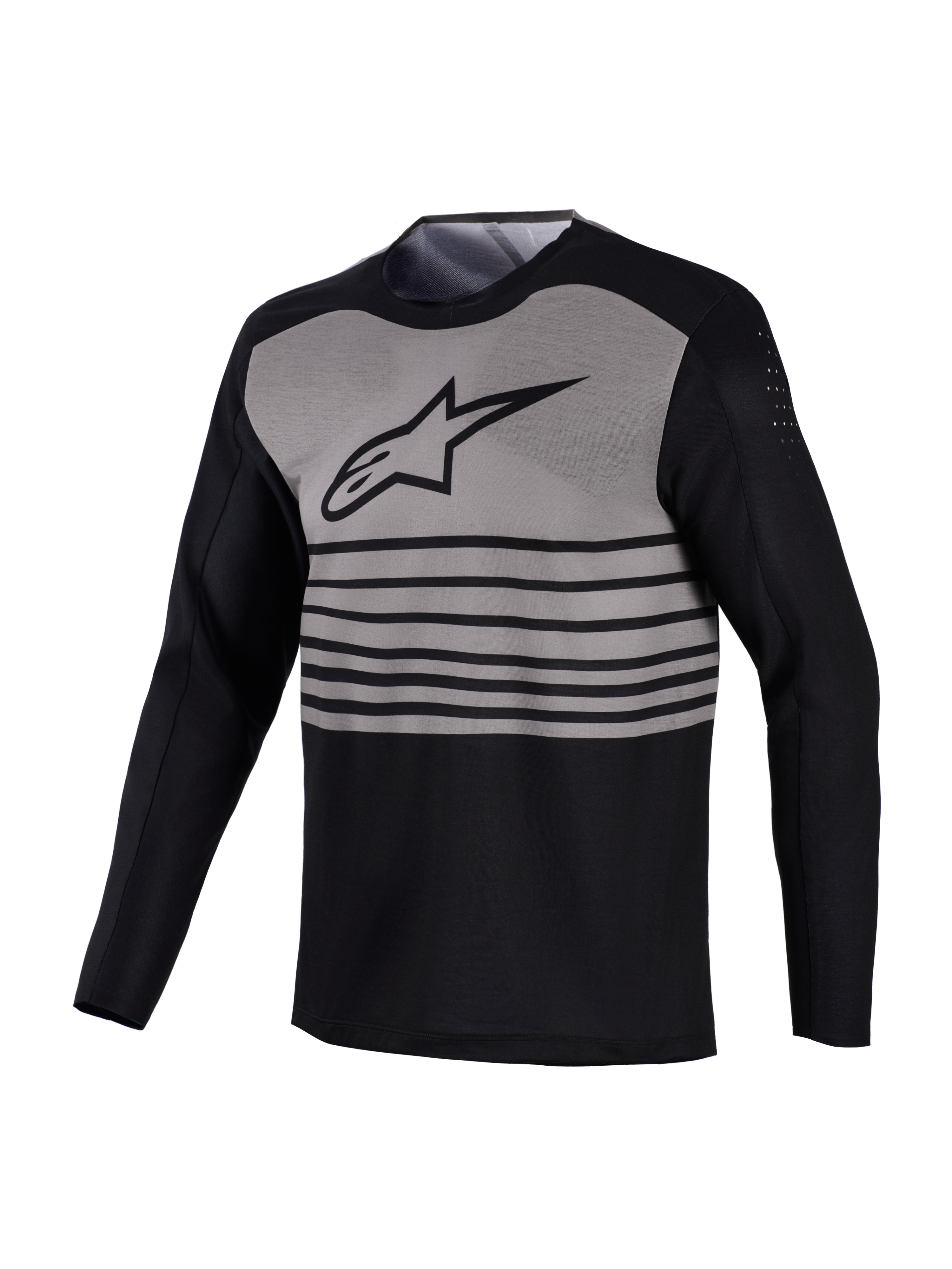 A-Dura Elite Long Sleeve MTB Jersey, black and grey design with horizontal stripes and breathable bicep perforations.