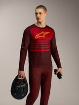 A-Dura Elite Jersey 2.0 Long Sleeve in Bordeaux and red, performance MTB apparel featuring yellow Alpinestars chest logo.