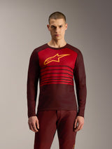 A-Dura Elite Long Sleeve Jersey 2.0 in Bordeaux red with horizontal stripes and yellow Alpinestars logo for MTB riding.