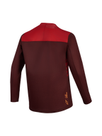 A-Dura Elite Jersey 2.0 in bordeaux and red, a long-sleeve MTB jersey featuring a color-blocked back and dropped tail.