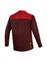 A-Dura Elite Jersey 2.0 in bordeaux and red, a long-sleeve MTB jersey featuring a color-blocked back and dropped tail.