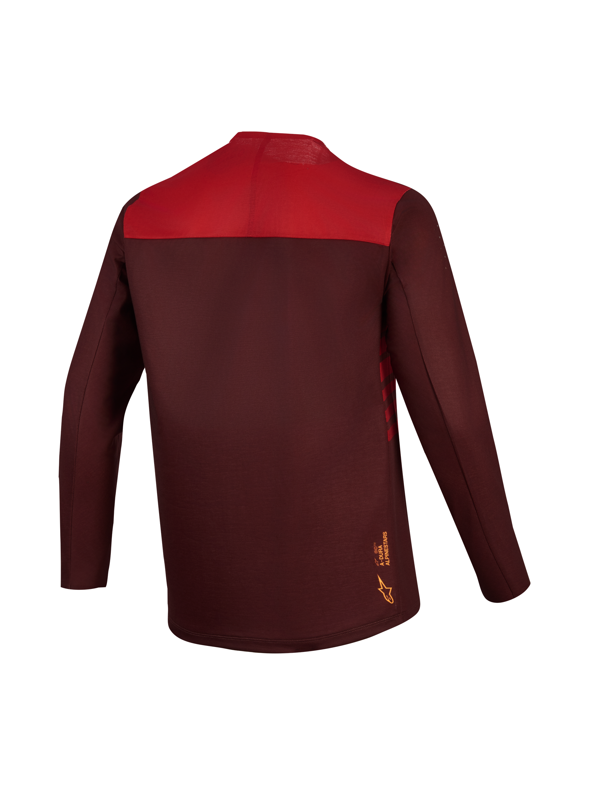 A-Dura Elite Jersey 2.0 in bordeaux and red, a long-sleeve MTB jersey featuring a color-blocked back and dropped tail.