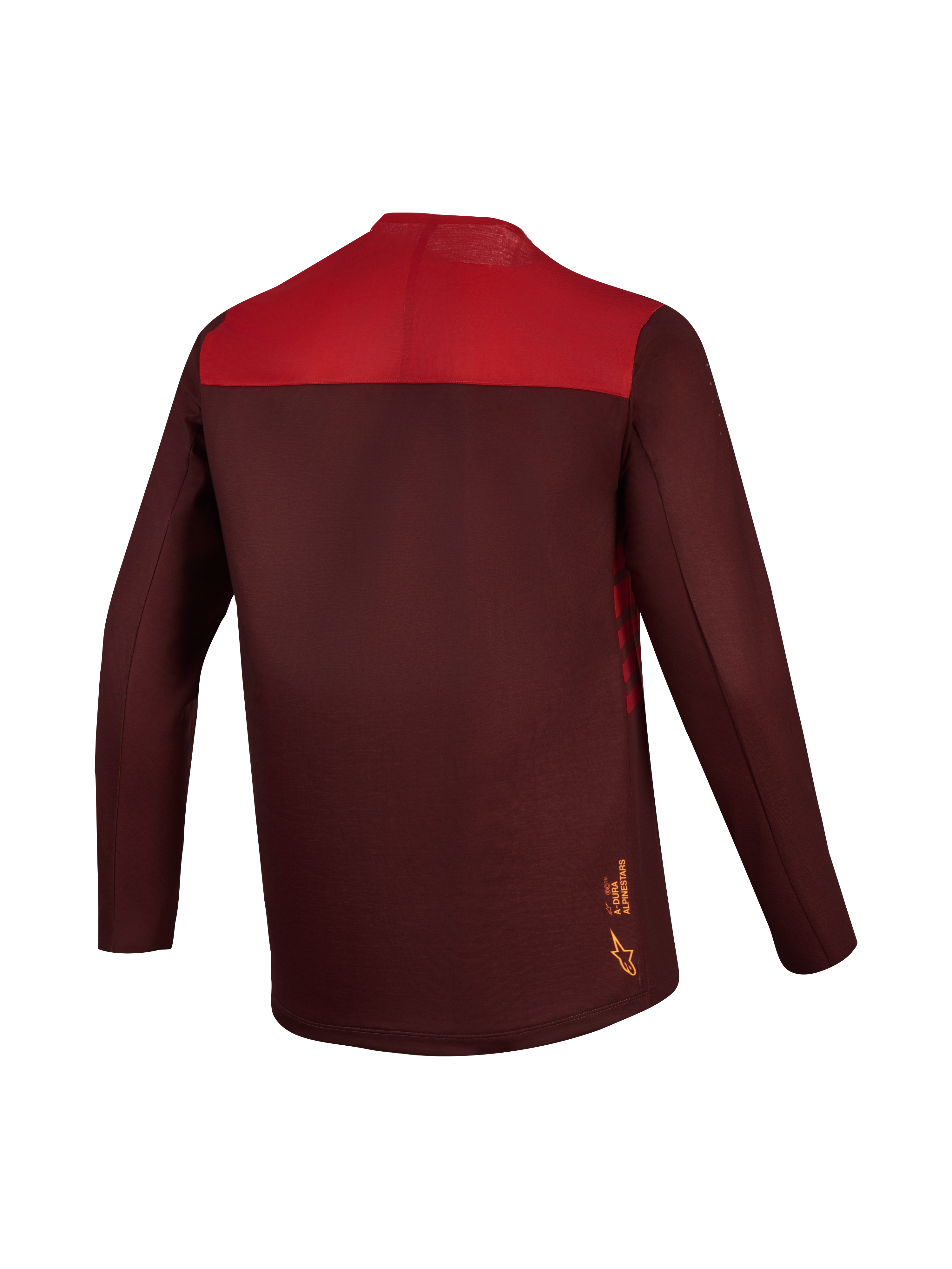 A-Dura Elite Jersey 2.0 in bordeaux and red, a long-sleeve MTB jersey featuring a color-blocked back and dropped tail.