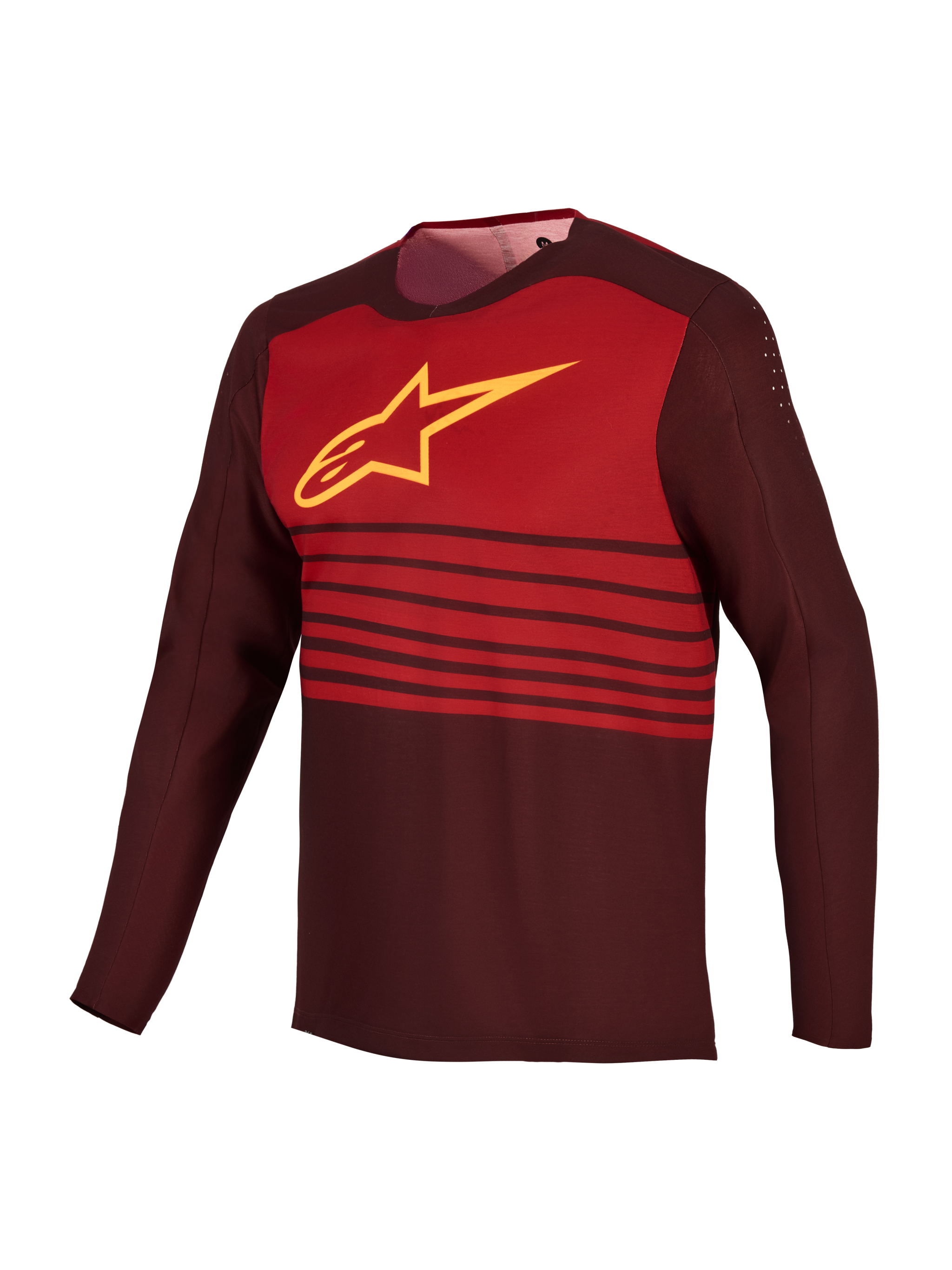 A-Dura Elite Jersey 2.0 in Bordeaux, long-sleeve MTB jersey with a yellow Astars logo and red chest block.