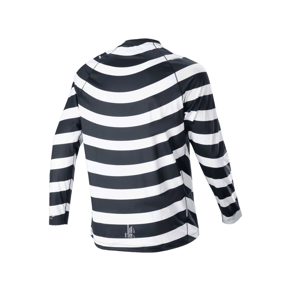 Alpinestars A-Aria Oscar Long Sleeve Jersey, Black and White, Rear view featuring the heritage spiral graphic, long-sleeve cycling jersey with a performance fit and drop tail for MTB trail riding