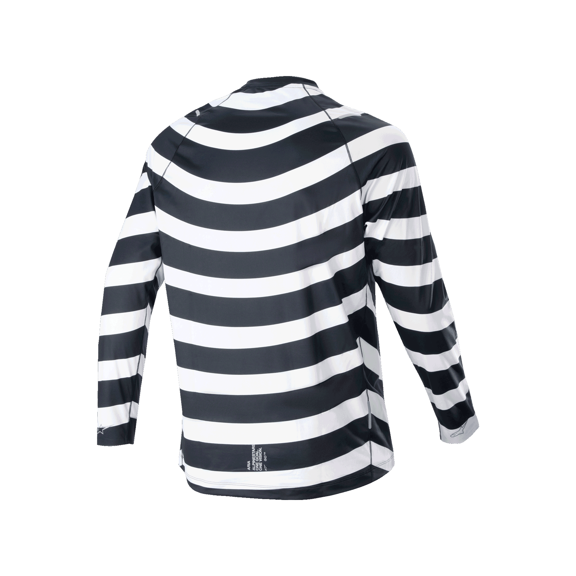 Alpinestars A-Aria Oscar Long Sleeve Jersey, Black and White, Rear view featuring the heritage spiral graphic, long-sleeve cycling jersey with a performance fit and drop tail for MTB trail riding