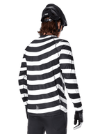Alpinestars A-Aria Oscar Long Sleeve Jersey, back view, featuring bold black and white horizontal stripes, worn with a black mountain bike helmet and black pants, heritage-inspired performance MTB gear