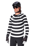 Alpinestars A-Aria Oscar Long Sleeve Jersey, MTB cycling jersey, Black and white horizontal stripes, worn with a black helmet and sunglasses, featuring Alpinestars branding on the chest, performance mountain bike apparel