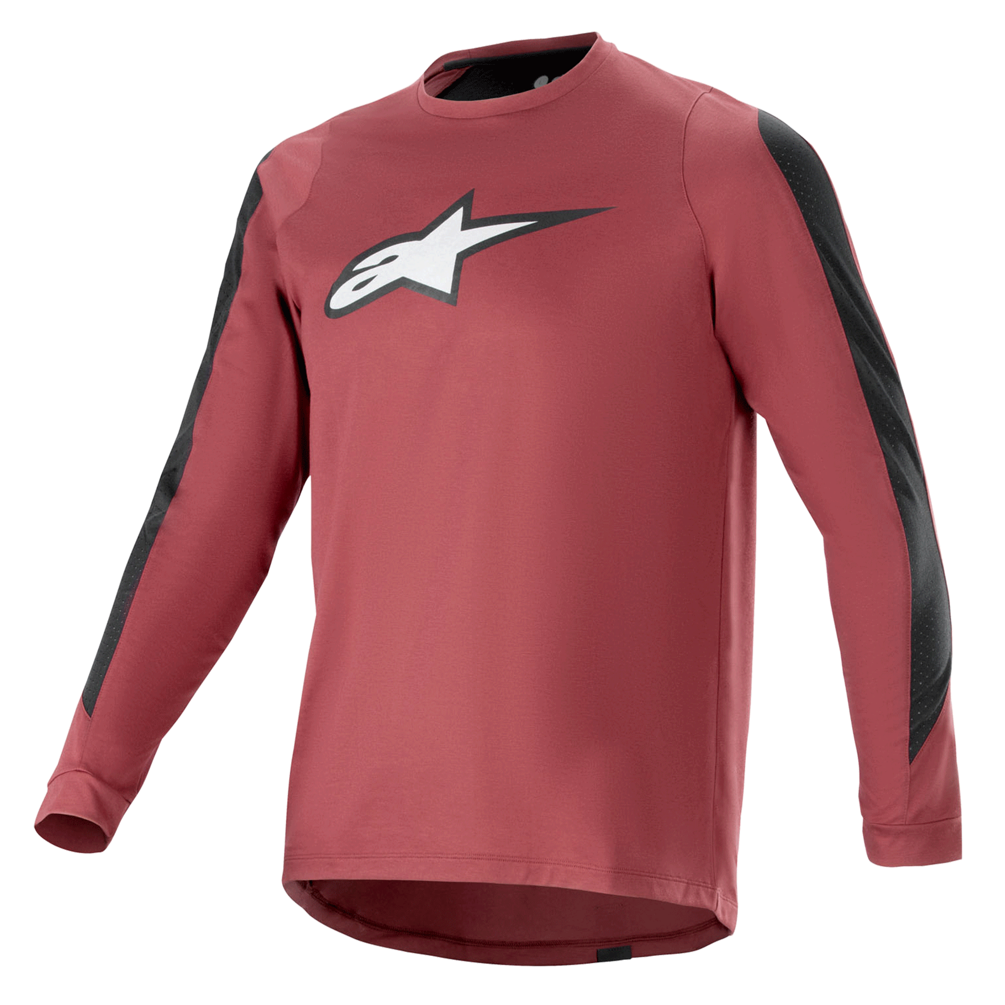 Alpinestars A-Dura Dri Astar Long Sleeve Jersey, Burgundy and Black, moisture-wicking drirelease fabric, crew neck, white Astar logo on chest, black mesh panels on sleeves, performance mountain bike apparel
