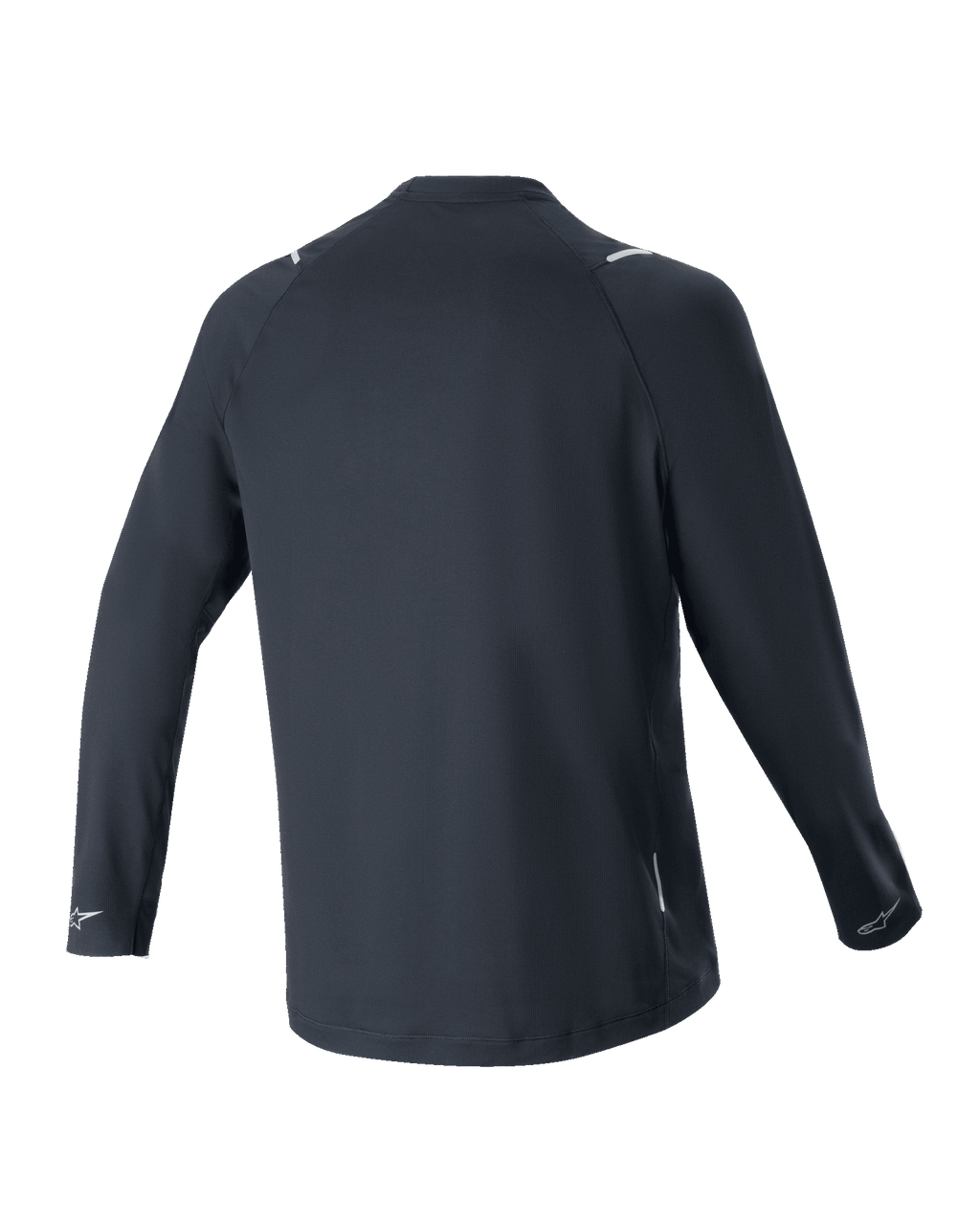 Alpinestars A-Aria Switch Long Sleeve Jersey, Black, Back View, lightweight and breathable polyester fabric, featuring a longer drop tail for coverage and reflective Alpinestars logos on the cuffs, performance fit for mountain bike riding