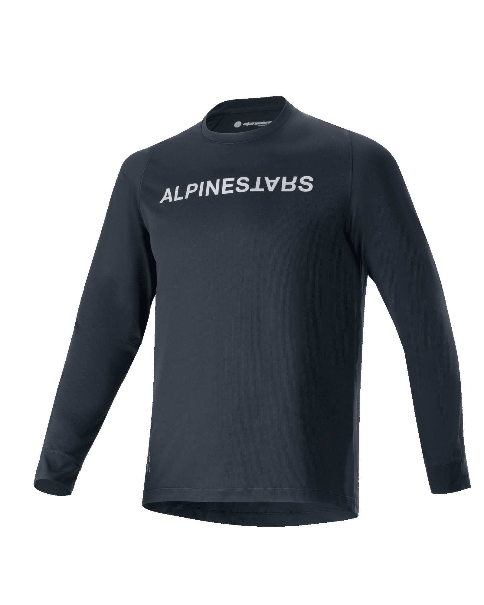 Alpinestars A-Aria Switch Long Sleeve Jersey, MTB Cycling Jersey, Black, bold white Alpinestars logo on chest, crew neck, lightweight breathable fabric, performance fit for off-road riding
