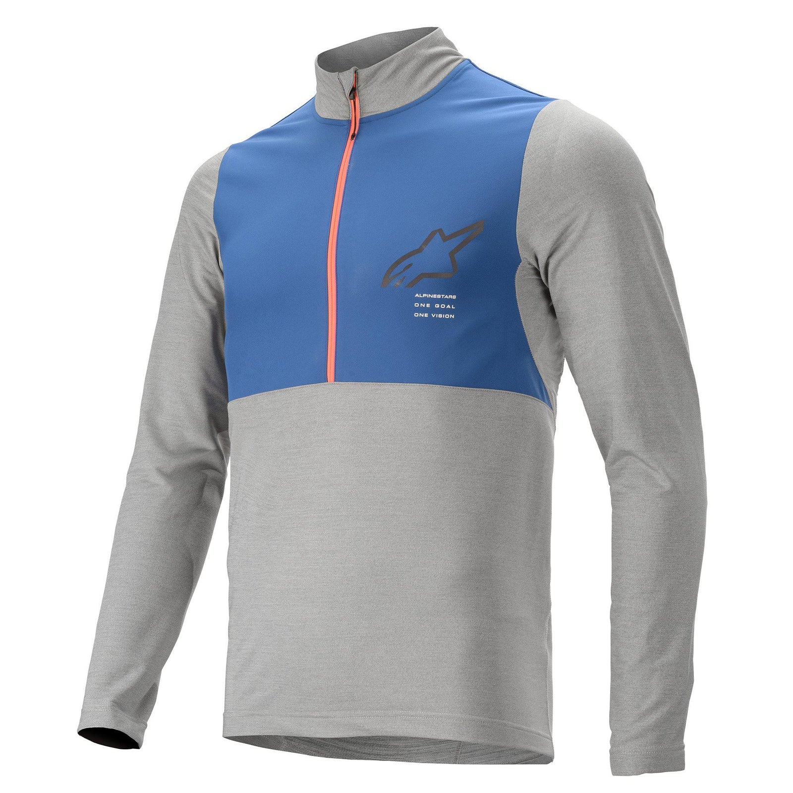 Alpinestars Nevada Jersey - Long Sleeve, Melange Gray and Mid Blue cycling jersey, featuring a blue chest panel with an orange half-zipper, black Alpinestars logo with 'ONE GOAL ONE VISION' text, mountain bike performance apparel