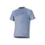 Alpinestars A-Dura Dri Astar Short Sleeve Jersey, Infinity Blue, featuring a large chest logo, breathable mesh panels on the sleeves, and drirelease fabric, designed for mountain bike performance.