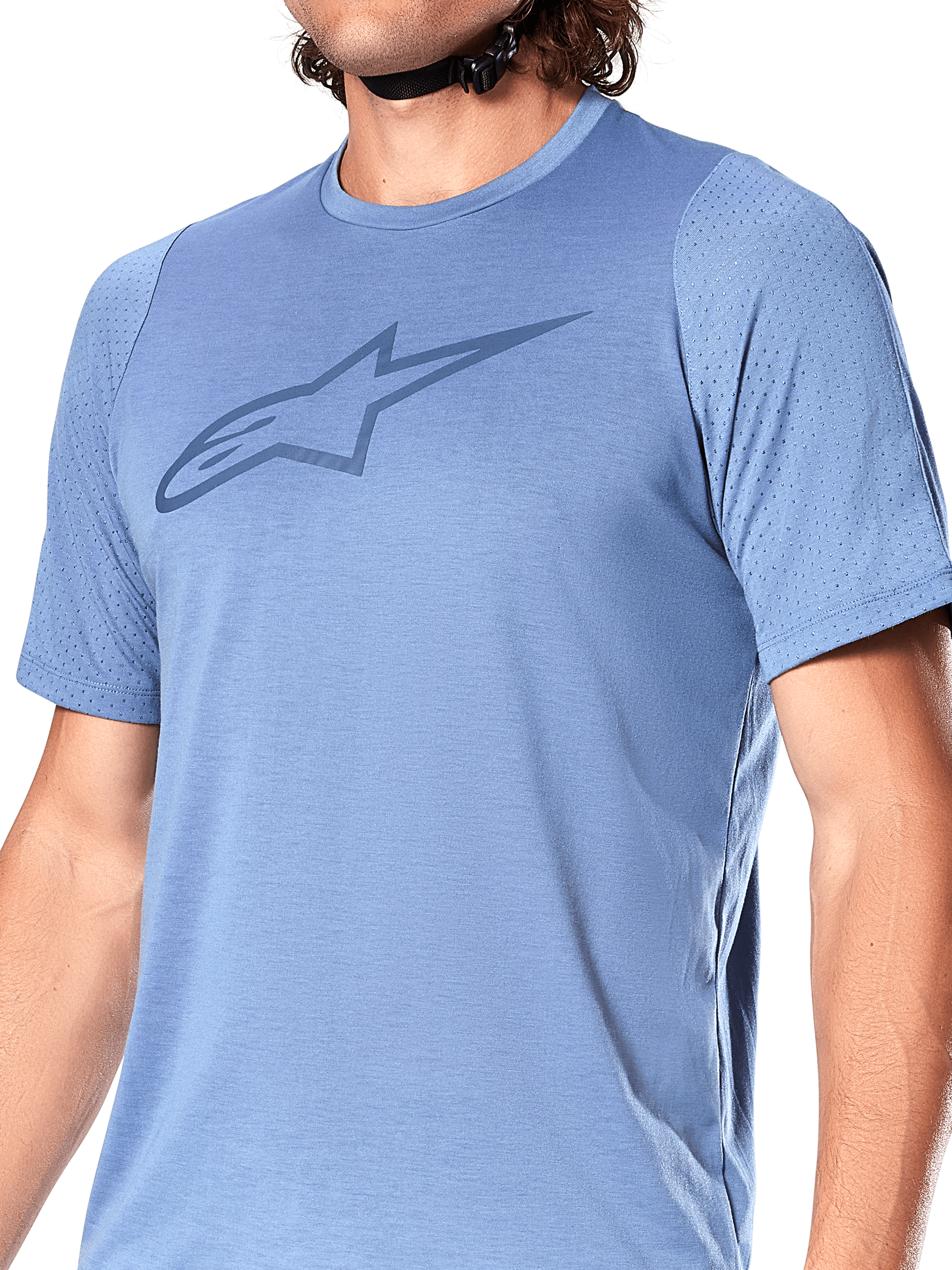 Alpinestars A-Dura Dri Astar Short Sleeve Jersey, Infinity Blue, featuring a dark blue Alpinestars Astar logo on the chest, breathable mesh panels on the sleeves, technical MTB cycling apparel