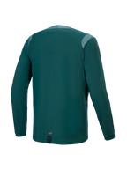 Alpinestars A-Dura Dri Wool Jersey - Long Sleeve, Dark Pine, back view featuring mesh panels on the shoulders and collar, technical wool-blend fabric, dropped tail for MTB coverage, small orange branding at the lower hem