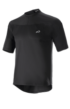 Alpinestars Drop Meta Jersey, Short Sleeve MTB Cycling Jersey, Black, lightweight mesh fabric, small white logo on chest, round collar, and extended tail for back coverage