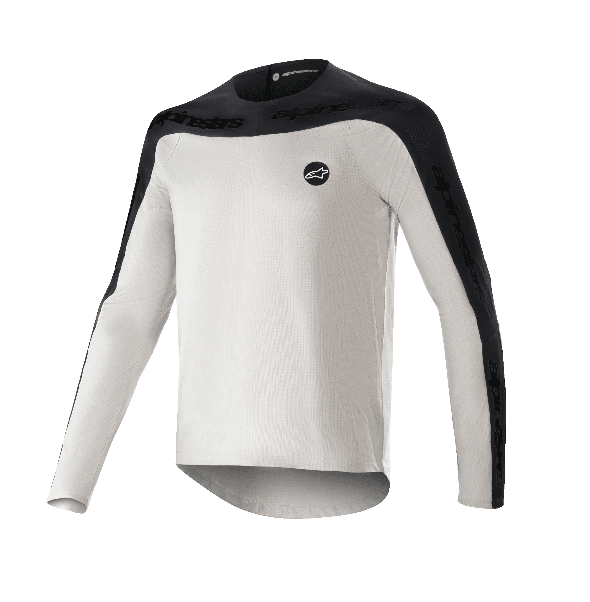 Alpinestars Drop Meta Jersey - Long Sleeve, MTB Mountain Bike Jersey, Light Gray and Black, featuring black shoulder yoke and outer sleeve panels with text branding, extended back hem for coverage, and circular logo on the left chest