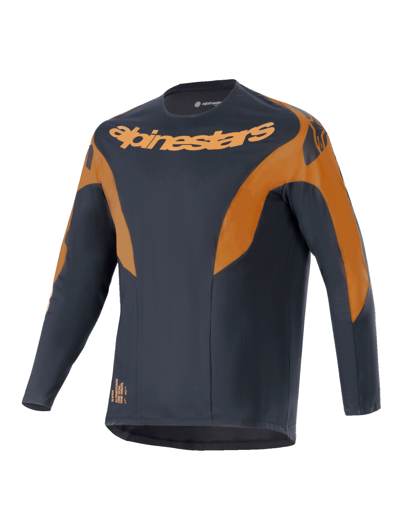 Alpinestars A-Supra Race Jersey, Long Sleeve MTB Jersey, Black with Orange accents, features bold Alpinestars logo on chest and shoulders, micro-perforated polyester fabric, racing-inspired design