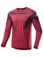 Alpinestars A-Supra Race Jersey, Long Sleeve MTB Jersey, Burgundy with black side panels and white accents, featuring Alpinestars wordmark across the chest, lightweight micro-perforated fabric for mountain bike racing