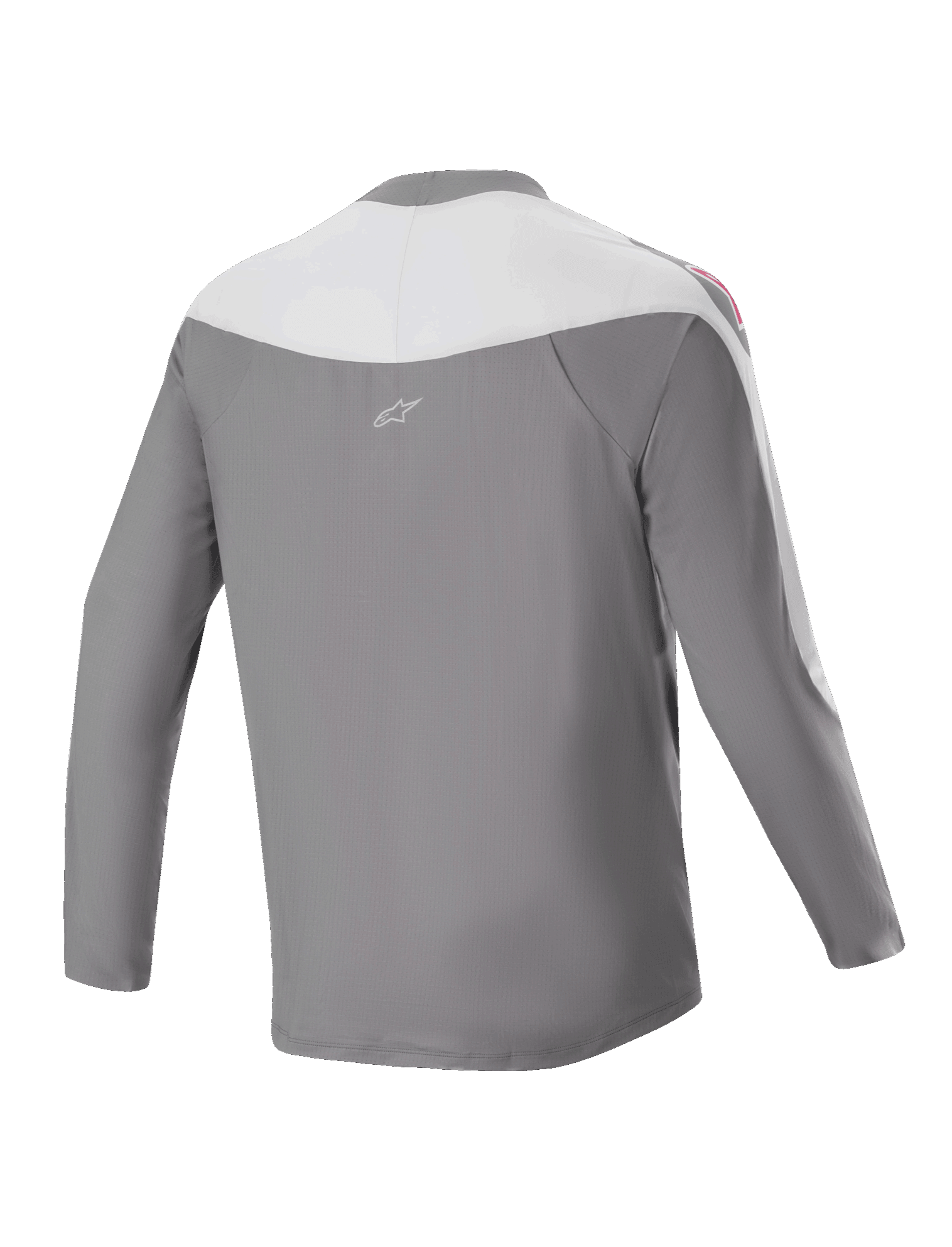 Alpinestars A-Supra Race Jersey - Long Sleeve, MTB Jersey, Dark Gray and White, back view featuring small star logo, red shoulder graphics, and performance fit for off-road racing