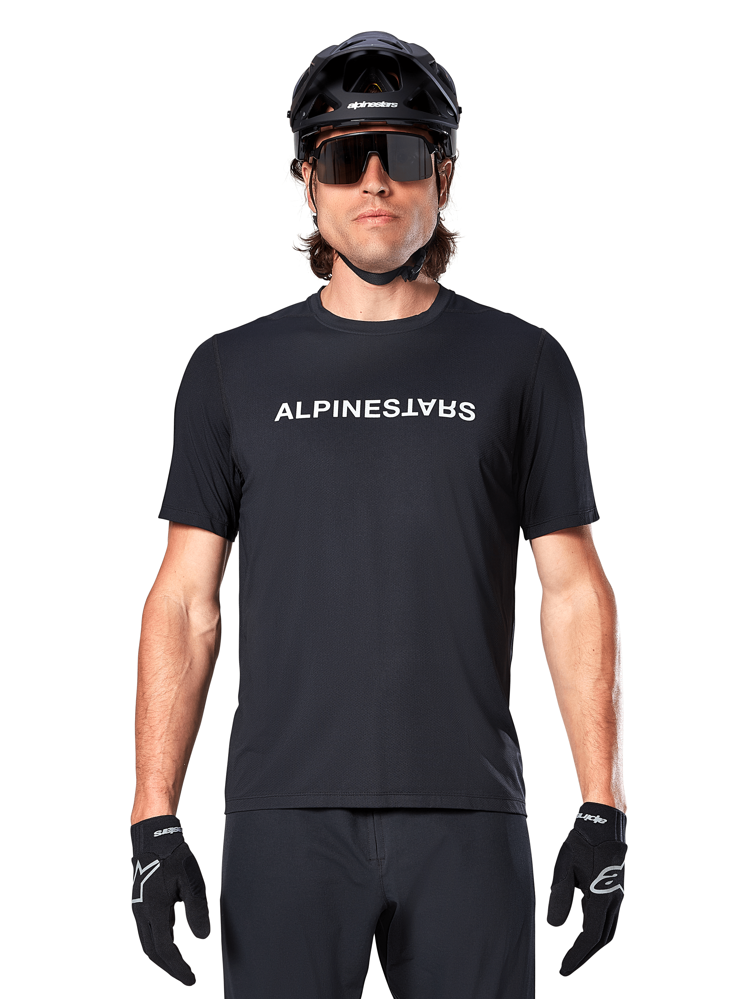 Alpinestars A-Dura Switch Short Sleeve Jersey, Black, Men's moisture-wicking MTB trail gear with white wordmark logo.