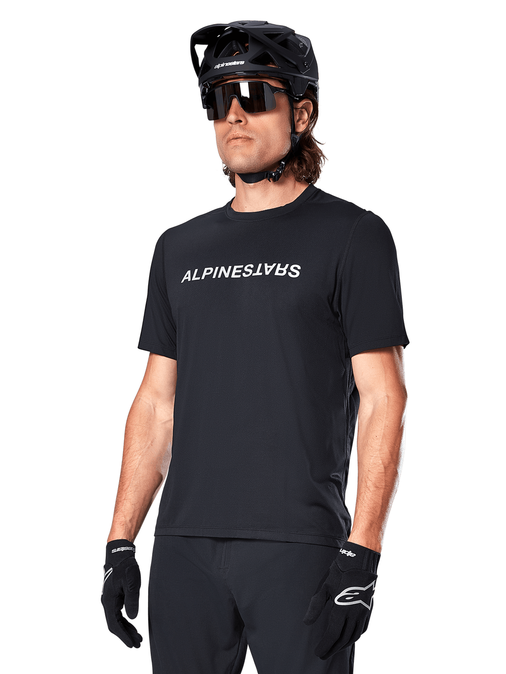 Alpinestars A-Dura Switch Short Sleeve Jersey, MTB Trail, Men's, Black, technical fabric, white wordmark logo.