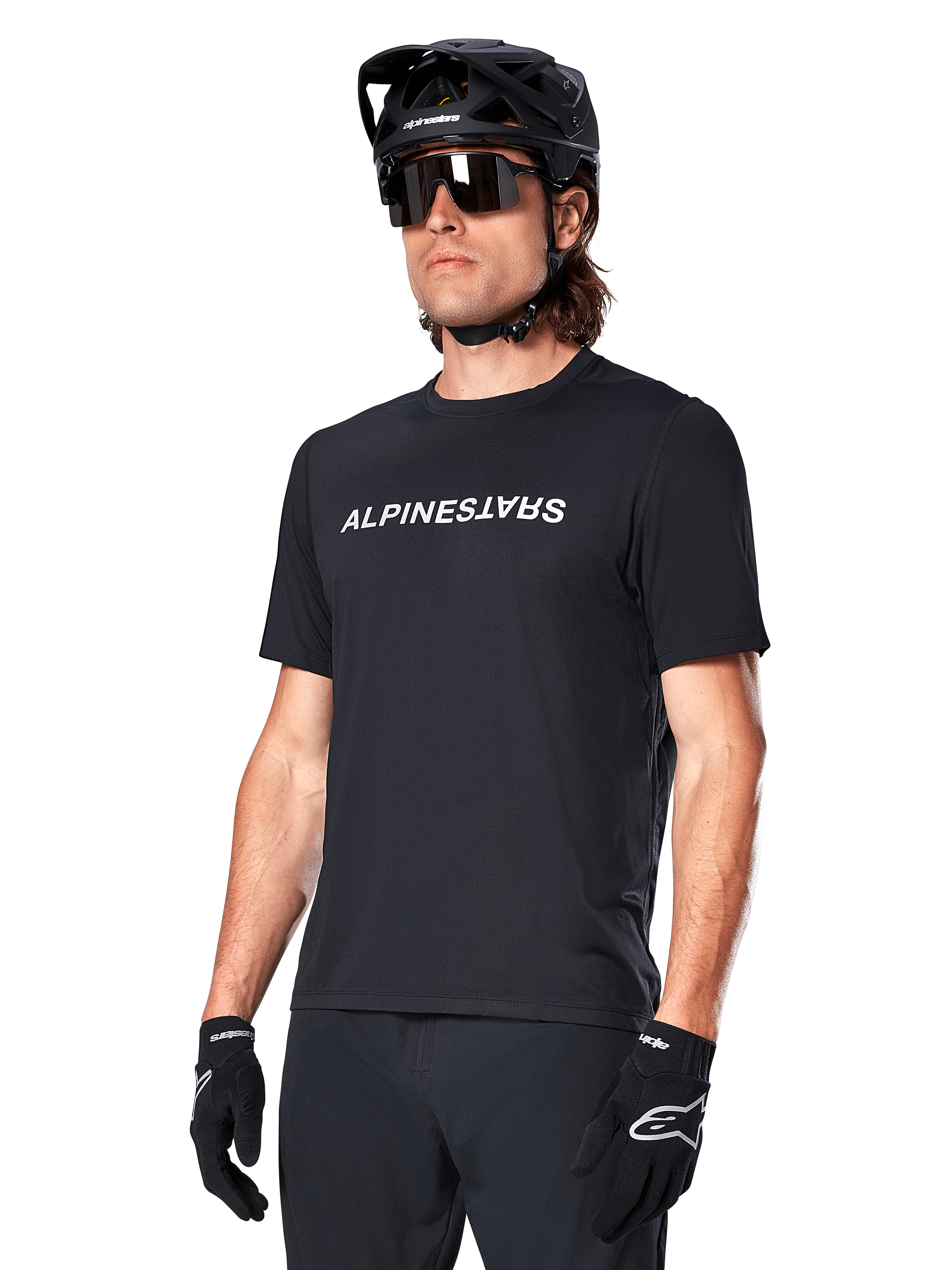 Alpinestars A-Dura Switch Short Sleeve Jersey, MTB Trail, Men's, Black, technical fabric, white wordmark logo.
