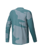 Alpinestars Youth A-Dura Hollow Camo Jersey, Long Sleeve MTB Jersey, Silver Pine Camo Green, back view featuring a small logo detail and dropped tail for cycling coverage